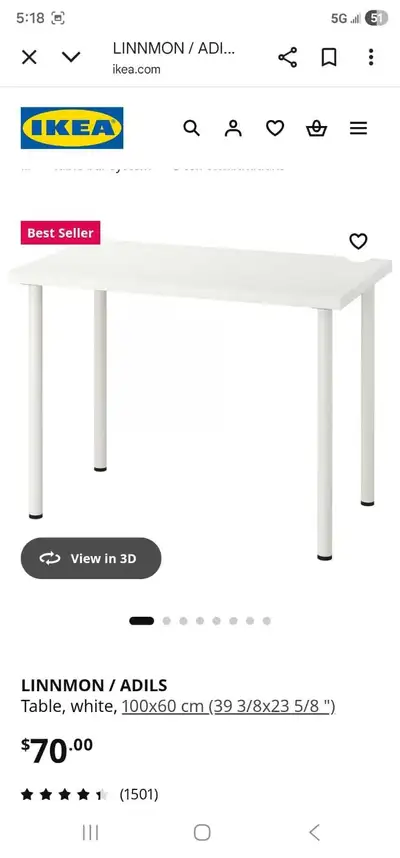 Ikea table with 4 legs. Orginal price is $70. Check photos for dimensions Disassembled. Very light t...