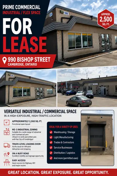 FOR LEASE – PRIME INDUSTRIAL/COMMERCIAL SPACE 990 Bishop Street, Cambridge, Ontario Exceptional leas...