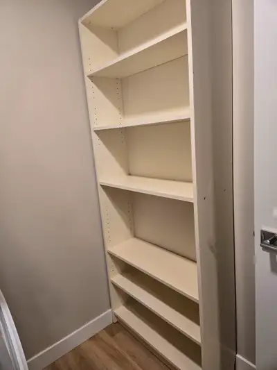 32" wide, 11" deep, 80" tall. Very good shelving for books, laundry supplies, pantry supplies, etc.....