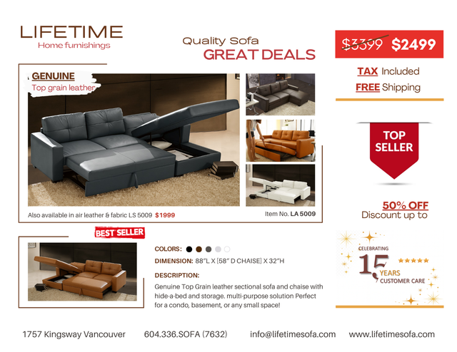 Genuine Top Grain leather sectional  with hide-a-Bed & Storage in Couches & Futons in Vancouver - Image 7