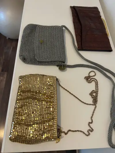 Gold tone/ grey crochet / snakeskin purses, View more