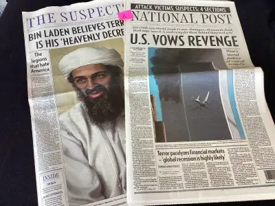 Various newspapers highlighting the 9/11 Attacks on the World Trade Centre in New York on Sept. 11th...