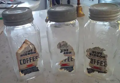 3 Blue Ribbon Coffee Jars, 1930s with Lids, #4737, View more