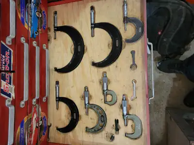 Micrometers 0-1, 1-2, 2-3 inch Mitutoyo 3-4, 4-5, 5-6 inch Starrett All $300 Starrett surface guage...