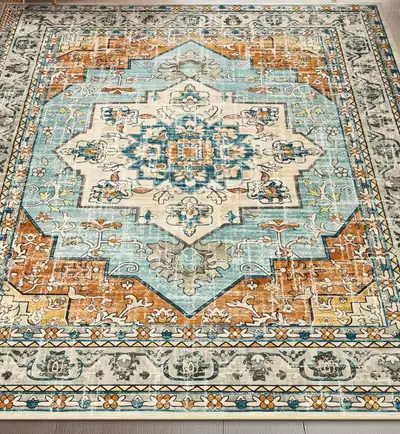 Boho Area Rug [5x7] in Copper, Cream and Teal Tones - New, View more