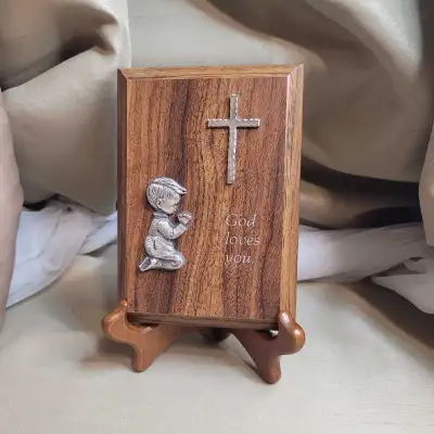 Walnut Wood Wall Table Plaque with Pewter Prayi, View more