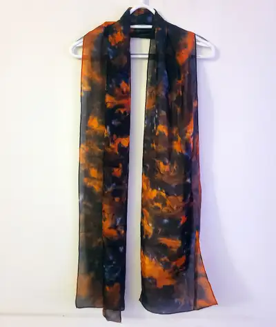 NEW - 196x35cm Orange Blue Black Watercolour Print Women's Scarf, View more