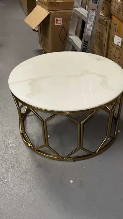 Round White Marble Coffee Table with Gold Base, View more