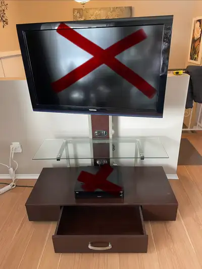 This unit is a Z-Line Design TV unit with swivel mount with a glass shelf and has a drawer at the bo...