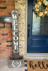 Welcome signs, with planter box