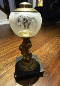 antique OIL LAMP FIGURAL boy w/ dog Frosted Etched Glass 19thC