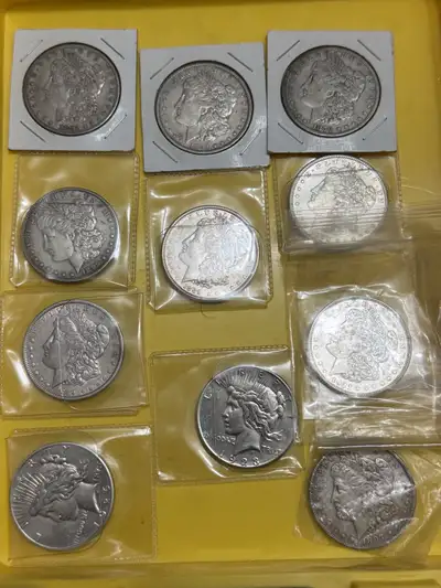9 Morgan Silver Dollars 2 peace Dollars 11 Coins total Details of coins Morgan 1879 Morgan 1882 Morg...