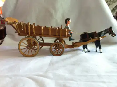 A MAGNIFICENT VINTAGE HORSE DRAWN FARM WAGON WITH A COACHMAN AND A HORSE THIS WAGON IS ALL MADE OF S...