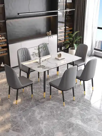 White Stone Dining Table | Gold & Black Base, View more
