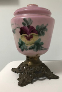 Antique Milk Glass Oil Lamp with Painted Pansy Pattern