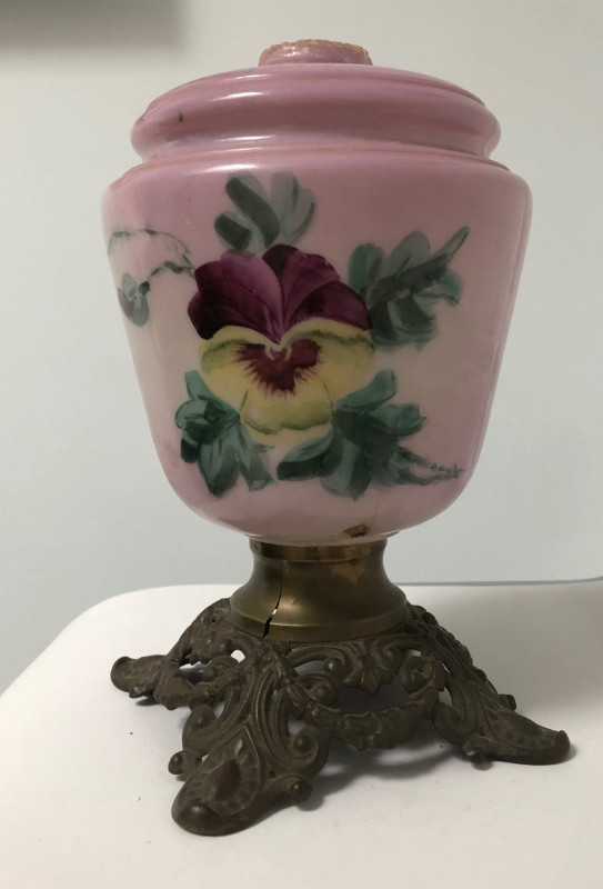 Antique Milk Glass Oil Lamp with Painted Pansy Pattern in Arts & Collectibles in Ottawa
