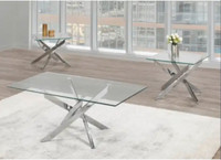 Classic Glass, Chrome & Mahogany Coffee & 2 End Tables Set!!