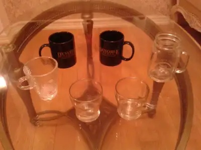 Two Black Coffee Mugs and Four Glasses,  New. Totally $6, View more
