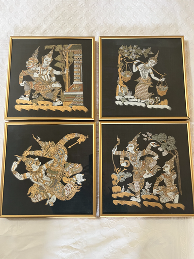 4 Vintage mcm THAI SILK ART PAINTINGS Asian Mythology Ramakien, View more
