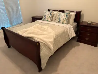 queen size Sleigh bed and two end tables, View more