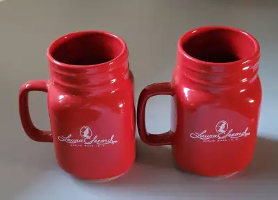 Laura Secord Red Ceramic Mason Jar Shape Mugs - Set of 2 Made by Brands Unlimited Microwave & dishwa...