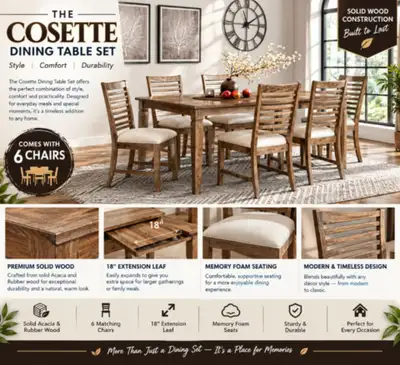 Cosette 7-Piece Dining Table Set – Solid Wood & Stylish Design, View more