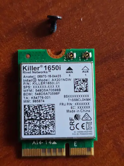 Intel Killer 1650i Wireless Wi-Fi 6 Bluetooth 5 AX201NGW module, View more