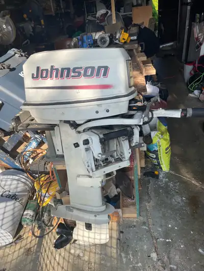 25hp Johnson 2-stroke outboard. Motor starts/runs but needs work. Recently overheated due to cooling...