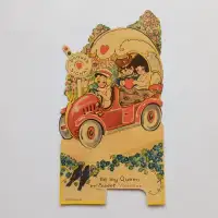 Queen in Red Sports Car Antique Valentine Card