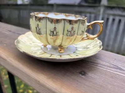 Vtg Yellow Luster 3 Footed Tea Cup & Saucer, Japan Shafford, View more