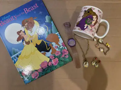 Offering a bundle of Beauty and the Beast items - mug - book - clip-on earrings - bracelet - necklac...