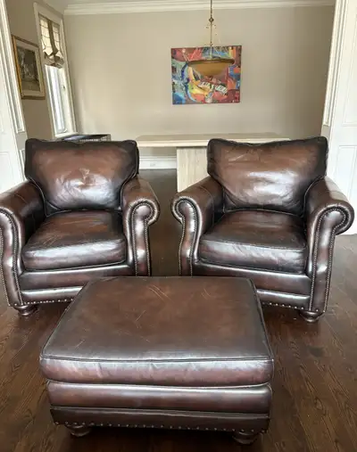 Leather chairs and ottoman for sale, View more