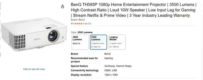 BenQ TH585P 1080p Home Entertainment Projector | 3500 Lumens, View more