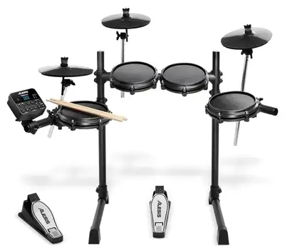 Seven piece electric drum kit with throne. The sound is great and the mesh pads have great rebound....