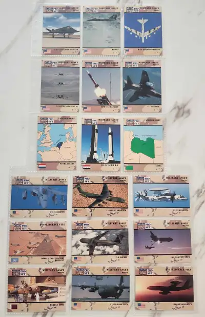 Selling 18 collectible USA Military assets cards from Pro set 1991 in good condition comes with albu...