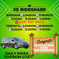 7:30 pm& 9:30 am Toronto to Windsor daily rideshare 
