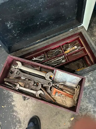 Wood tool chest with tools, View more