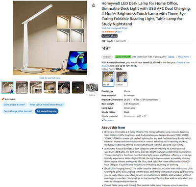 Honeywell LED Desk Lamp (Dimmable w/USB A+C Charging), View more