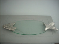 ELEGANCE SILVER AND GLASS FOOTED FISH TRAY 8 x 23"