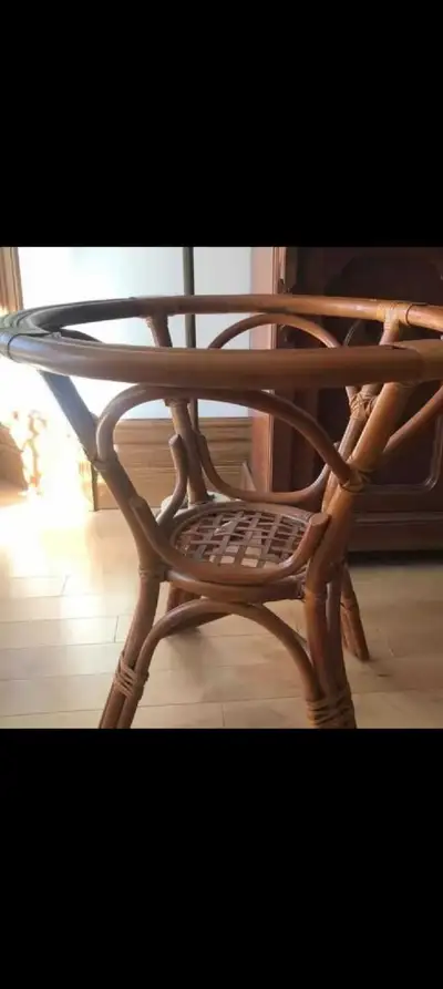 Vintage Rattan Round Glass Table and 4 Chairs, View more