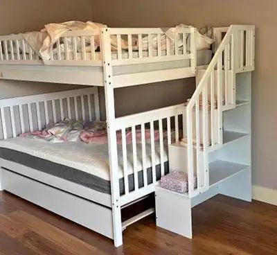 White Double over Double Bunk Bed with Storage Stairs & Trundle, View more