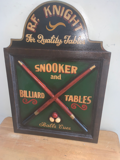 Vintage R.F. Knight Billiards, Snooker wood sign Mint condition Features a beautifully carved wood s...