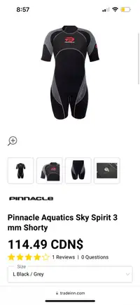 Pinnacle Aquatics Sky Spirit 3MM shorty size large wet suit