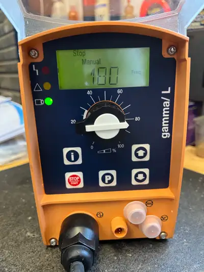 The ProMinent® gamma/ L is a used (low hours) microprocessor-based diaphragm solenoid metering pump...