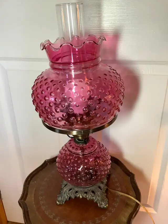 Vt Cranberry Red Hobnail Hurricane Double Lt Lamp Bronzed Base in Indoor Lighting & Fans in Belleville - Image 9