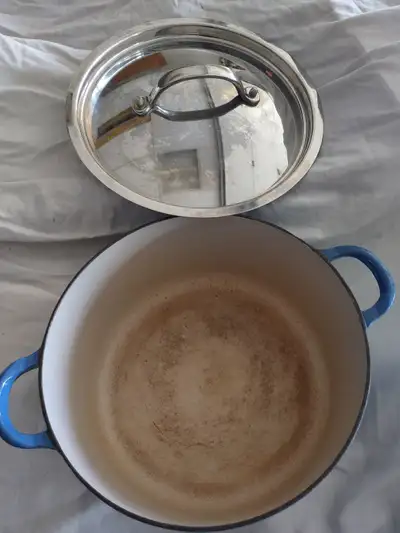 Vintage Le Creuset pot with newer SS cover Dutch Oven, View more
