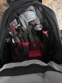 Husky tool bag w hand tools and Milwaukee drill bits 