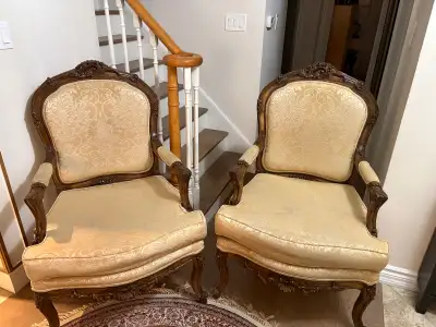 2 Gold and Brown Armchairs in perfect condition, View more