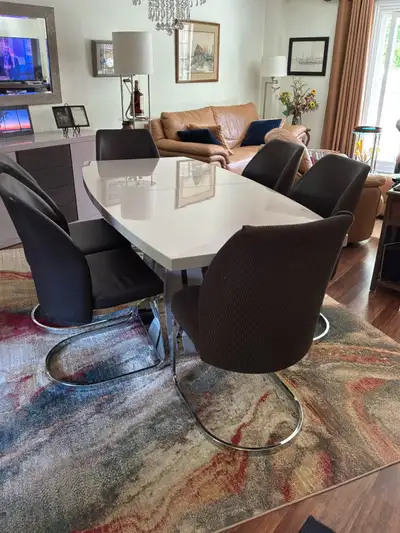 Modern metal and glass dining table with 6 chairs , View more
