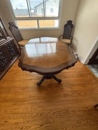 Vintage Carved Wood Pedestal Dining Table – with Chairs, View more